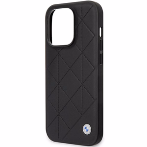 Dėklas telefonui BMW BMHCP14L22RQDK iPhone 14 Pro 6.1 - juodas odinis klostuotas raštas