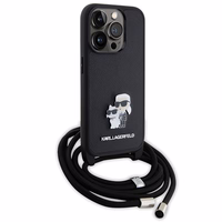 Karl Lagerfeld kryžminis Saffiano metalinis ženkliukas Karl & Choupette dėklas telefonui iPhone 15 Pro - juodas