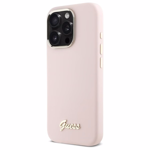 Guess Silikoninis Užrašas Metalinis Logo & Rėmelis iPhone 16 Pro Dėklas - rožinis