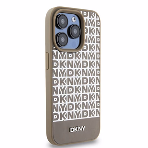 DKNY Odinis spausdintas raštas metalinis logotipas Magnetinis dėklas iPhone 15 Pro - ruda