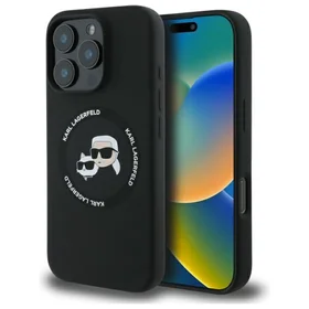 Karl Lagerfeld KLHMP16XSKCHTCK iPhone 16 Pro Max 6.9" kietasis silikoninis dėklas telefonui su Karl & Choupette spauda ir Magnetine MagSafe funkcija, juodas