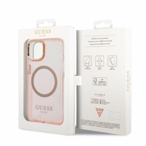 Guess GUHMP14SHTCMP iPhone 14 6.1" rožinis kietas dėklas su auksiniu kontūru, permatomas, magnetinis (MagSafe)
