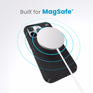 Speck Presidio2 Grip MagSafe dėklas, skirtas iPhone 15 Pro, juodas su skalūno pilkos spalvos detalėmis