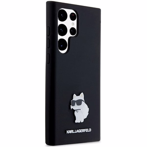 Karl Lagerfeld silikoninis Choupette metalinis smeigtukas dėklas telefonui Samsung Galaxy S23 Ultra - juodas