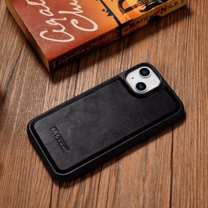 iCarer odinis Oil Wax dėklas padengtas natūralia oda iPhone 14 Plus juoda