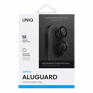 Uniq Optix aliuminio kameros objektyvo apsauga iPhone 16 / 16 Plus su aplikatoriumi - juodas