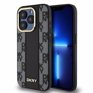 DKNY Odinis langeliais raštuotas magnetinis dėklas iPhone 15 Pro Max - juodas