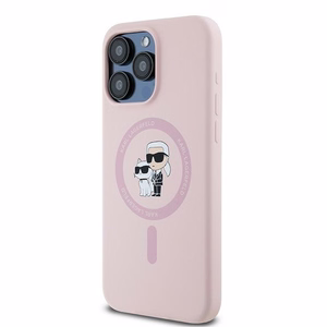 Karl Lagerfeld silikoninis Karl&Choupette magnetinis dėklas telefonui iPhone 15 Pro - rožinis