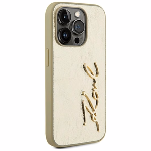 Karl Lagerfeld Wrinkled Metal Signature dėklas telefonui iPhone 15 Pro - auksinė