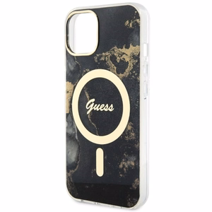 Guess GUHMP14SHTMRSK iPhone 14 6.1" juodas/juodas kietas dėklas Golden Marble Magnetinis