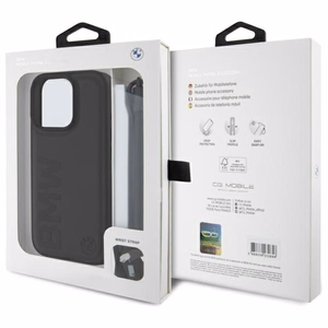 BMW Signature Leather Wordmark Cord Case for iPhone 16 Pro - Juodas
