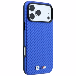 BMW dėklas, skirtas iPhone 18 Pro Max / 17 Pro Max: (Carbon Metal Logo), suderinamas su MagSafe, spalva – mėlyna