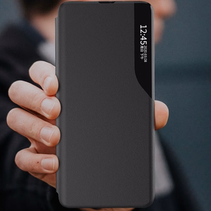 Dėklas telefonui Samsung Galaxy A14 iš eko odos su stovu, juodas