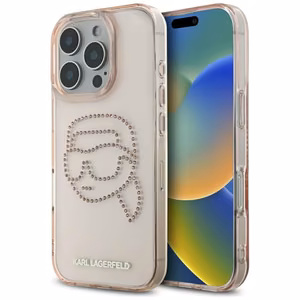 Karl Lagerfeld IML Rhinestones Karl Head dėklas telefonui iPhone 16 Pro rožinis