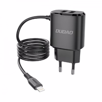 Įkroviklis Dudao "A2ProL" juodas (2xUSB) + integruotas "Lightning" laidas