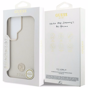 Guess dėklas Rhinestone Round Logo MagSafe skirtas Samsung Galaxy S26 Ultra smėlio spalvos