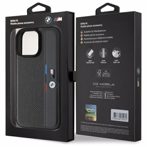 BMW M perforuota trispalvė linija iPhone 16 Pro dėklas - tamsiai pilkas