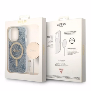 Rinkinys Guess GUBPP14LH4EACSB dėklas + įkroviklis iPhone 14 Pro 6.1" mėlynas kietas dėklas su 4G raštu Magnetinis