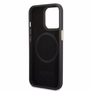 Guess GUHMP13LSAPSTK iPhone 13 Pro / 13 6.1" juodas/juodas kietas dėklas telefonui Peony Logo Plate Magnetinis MagSafe