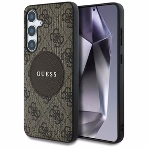 Guess 4G apvalus klasikinio logotipo magnetinis dėklas telefonui Samsung Galaxy S25 Plus rudas