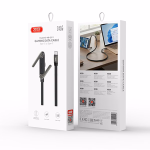 XO NB-Q311 PD USB-C–USB-C laidas, 1,5m, 240W, juodas, plokščias, su stovu