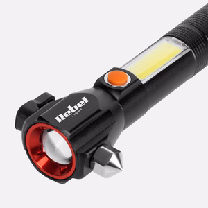 Rebel multifunction rechargeable flashlight with zoom, knife and glass hammer