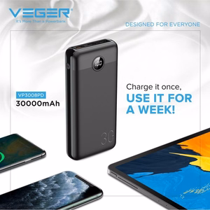 VEGER Išorinė baterija 30000 mAh PD QC3.0 3A 20W L30 (W3008PD) juoda