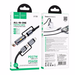 Laidas All-in-one USB C / Lightning į USB C / Automobilinė cigarečių degiklė Hoco PD 3A 60W 1,2 m U138 pilkas