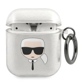 Karl Lagerfeld blizgus Karl's Head dėklas AirPods 1/2 ausinėms - sidabrinis