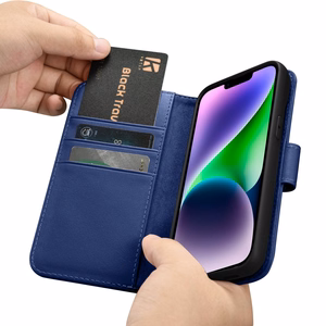 iCarer Piniginės dėklas 2in1 viršelis iPhone 14 Plus Anti-RFID odinis atverčiamas dėklas mėlynas (WMI14220727-BU)