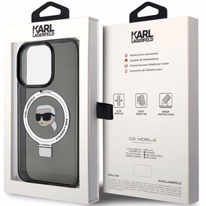 Karl Lagerfeld KLHMP15LHMRSKHK iPhone 15 Pro 6.1" juodas/juodas kietas dėklas su žiediniu stovu Karl Head Magnetinis
