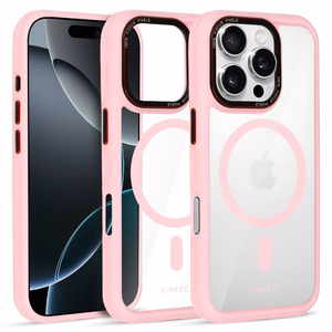 Liavec Hybrid Magsafe Skaidrus dėklas telefonui Iphone 16 Pro šviesiai rožinis