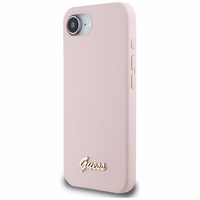 Guess Silicone Script Metal Logo MagSafe dėklas telefonui iPhone 16e - rožinė