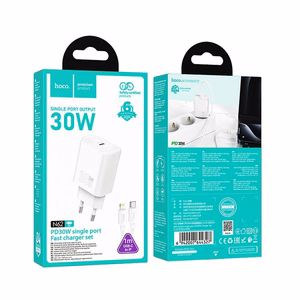 Įkroviklis telefonui Hoco USB C QC PD 30W + kabelis USB C į Lightning N62 baltas