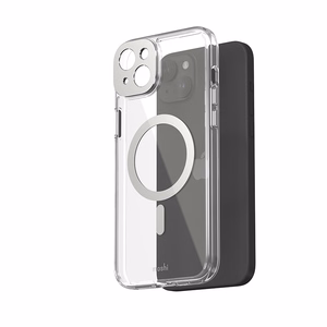Moshi iGlaze MagSafe dėklas, skirtas iPhone 15 Plus, skaidrus su „Luna Silver“ spalvos detalėmis