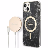 Rinkinys Guess GUBPP14MHMEACSK dėklas + įkroviklis iPhone 14 Plus 6.7" juodas/kietas dėklas Marmuras Magnetinis