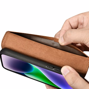 iCarer Piniginės dėklas 2in1 viršelis iPhone 14 Plus Anti-RFID odinis atverčiamas dėklas rudas (WMI14220727-BN)