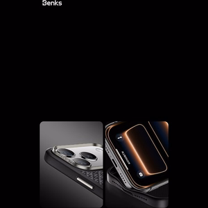 Juodas „Benks Magnetic Armor Pro Armor Grid 600D“ kevlaro dėklas su metaliniu rėmeliu (C.K.FL.AP.BK.B072), skirtas iPhone 18 Pro / iPhone 17 Pro su „Camera Control“ mygtuku