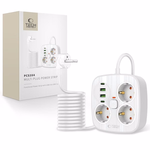 Tech-Protect PCS3X4 ilgintuvas, 3 lizdai, 2xUSB-A, 2xUSB-C 200 cm - baltas