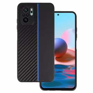Tel Protect CARBON dėklas telefonui Xiaomi Redmi Note 10/Note 10S/Poco M5S juodas su mėlyna juostele