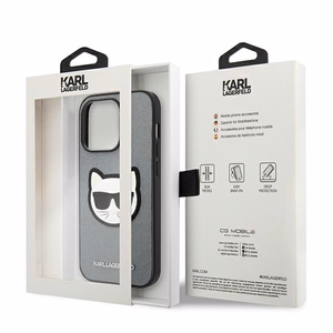 Karl Lagerfeld Saffiano Choupette Head Patch dėklas telefonui iPhone 14 Pro - sidabrinis