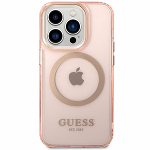 Guess GUHMP14XHTCMP iPhone 14 Pro Max 6.7" rožinis/rožinis kietas dėklas Auksinis Kontūras Permatomas Magnetinis