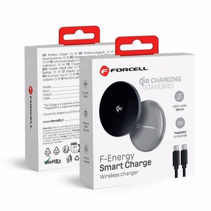 FORCELL F-ENERGY Smart Charge Qi2 15W belaidis įkroviklis su 150cm nuimamu kabeliu suderinamas su MagSafe sidabrinis