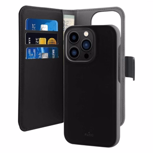 Puro Wallet atjungiamas MagSafe 2in1 PU oda dėklas su dangteliu ir piniginė iPhone 14 Pro - juodas