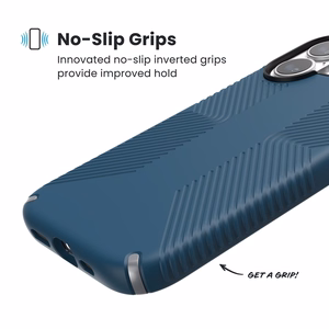 Speck Presidio2 Grip MagSafe dėklas, skirtas iPhone 17, „Deep Sea / Silver Metallic“ spalvos