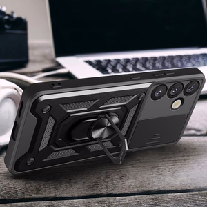 Hibridinis šarvuotas Camshield su kameros dangteliu ir metaliniu žiedu Samsung Galaxy S25+ - juodas