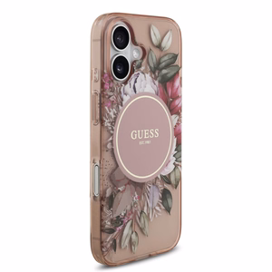 Dėklas Guess IML Flowers Strap MagSafe Apple iPhone 17 rožinis