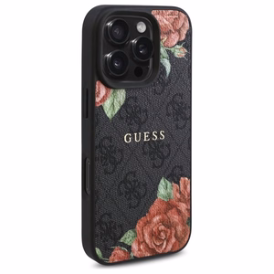 Guess GUHMP16LP4ROPEMCK iPhone 16 Pro 6.3" juodas/juodas kietas dėklas 4G Gėlių Raštas Magnetinis