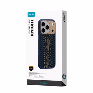 Mėlynas „Benks Magnetic Armor Pro Knight“ kevlaro dėklas su metaliniu rėmeliu (C.K.FL.AP.GD.BC73), skirtas iPhone 18 Pro Max / iPhone 17 Pro Max su „Camera Control“ mygtuku