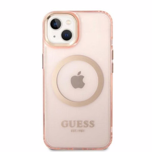 Guess GUHMP14MHTCMP iPhone 14 Plus 6.7" rožinis/rožinis kietas dėklas Auksinis kontūras Permatomas Magnetinis